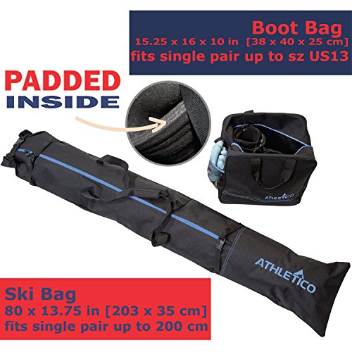 Athletico Padded Two-Piece Ski And Boot Bag Combo | Store & Transport Skis Up To 200 Cm And Boots Up To Size 13 | Includes 1 Padded Ski Bag & 1 Padded Ski Boot Bag (Black With Blue Trim (Padded)) #TOP1