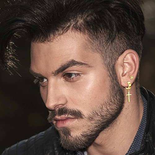 Sanfenly 26Pcs Clip On Earrings for Men Stainless Steel Non Pierced Cross Chain Lightning Feather Spike Skull Dangle Huggie Hoop Fake Earrings Set Black Silver Gold Tone4