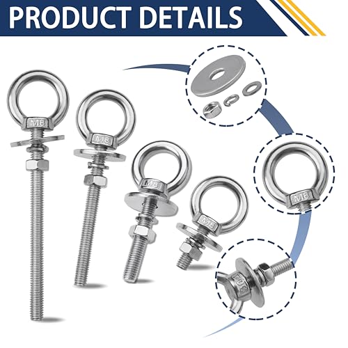 Image of 8 Pack M8 Stainless Steel Eye Bolts with Nuts, 5 /16 inch x 1 inch Eye Bolts | 304 Stainless Steel Eye Bolt,Eye Bolts Heavy Duty for Hang Tie Down Outdoor,m8 eye bolt,Long Lifting Ring Eye Bolt