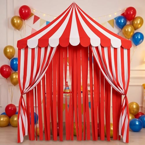 Breling 4-piece Carnival Circus Decor Backdrop Circus Tent with Canopy Polyester Carnival Red Striped Curtains for Birthday Party Photography Backgrounds Decorations (Red and White)