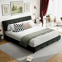 King Size Cloud Bed Frame with Oversized Tufted Headboard, Chenille Modern Luxury Upholstered Platform Beds King, Elegant Design Black Soft Bed Frame, Noise-Free Metal & Wood Base