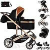 3 in 1 Travel System Baby Pram Buggy with Car Seat Pushchair Carriage Child Lightweight Folding Stroller for Newborns Toddlers from Birth up to 22kg New 2025 Style (BB1 - Black Gold, BB1)