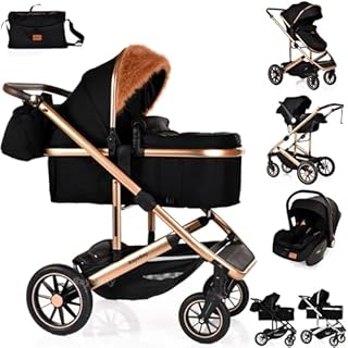 3 in 1 Travel System Baby Pram Buggy with Car Seat Pushchair Carriage Child Lightweight Folding Stroller for Newborns Toddlers from Birth up to 22kg New 2025 Style (BB1 - Black Gold, BB1)