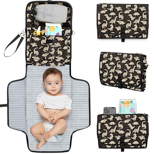 Image of KeaBabies Portable Diaper Changing Pad, Travel, Car - Large Waterproof Baby Changing Mat, Wipeable, Padded, On The Go Travel Diaper Clutch Bag, Easy to Use Pockets for Newborn Essentials (Dino Ridge)