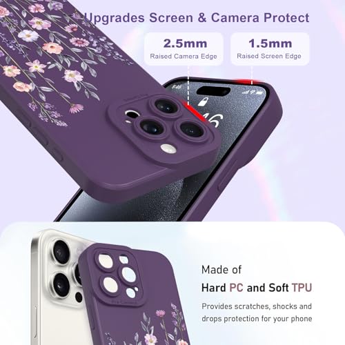 Image of Designed for iPhone 15 Pro Case, Cute Flower Floral Pattern Liquid Silicone Phone Case, Slim Soft TPU Protective Cover for Women Girls, Dark Purple