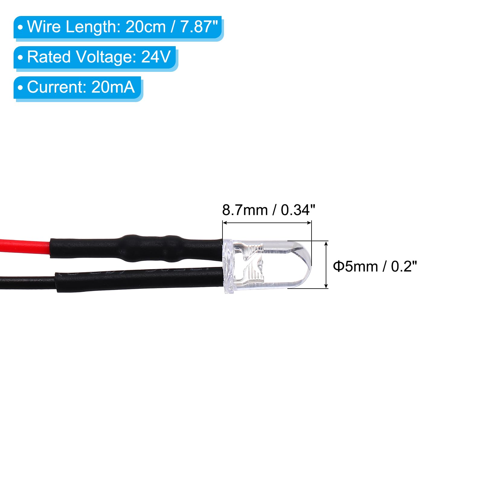 PATIKIL 20 mini luci LED a diodo da 5 mm, 24 V CC, pre-cablate, per luci radiocomandate fai da te, luce bianca calda