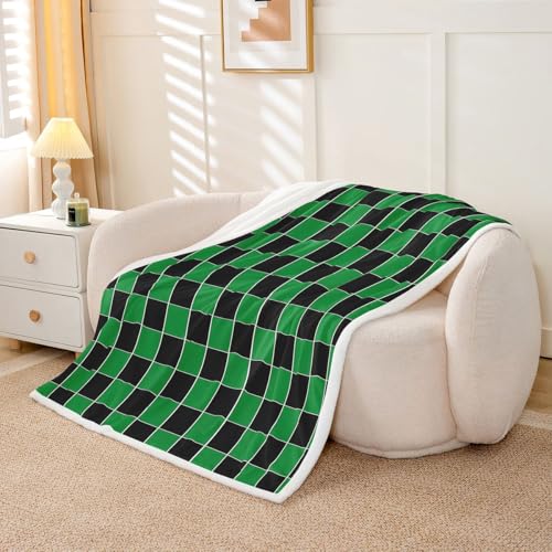 Image of Erosebridal Plaid Fuzzy Plush Throw Green Black Checkerboard Fleece Blanket Geometric Checkered Sherpa Blanket for Kids Boys Girls,Aesthetic Grids Decor for Bed Couch Queen 90 inchx90 inch