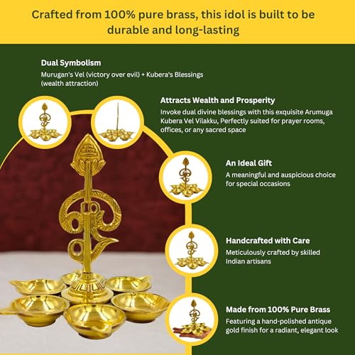 Image of Arumuga Om Vel Vilakku 14 Cm, Murugar Vel Mugam Brass Oil Lamp Diya Set with Vel for Pooja,Temple, Sashti Pooja, Vel Maaral Pooja and Gifting Arumuga Om Vel Vilakku