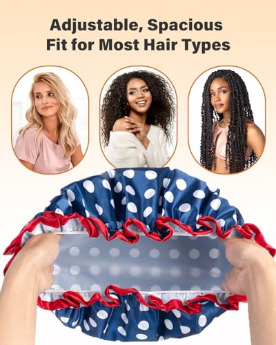 mikimini Shower Cap Reusable Waterproof for Women, Large Shower Cap for Long Hair with Elastic Band - Double-Layer Hair Cap with Classic Polka Dot Print for Thick Hair & Braids — view 4