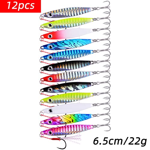 Aorace 12pcs 22g 6.5cm Metal Jigs Saltwater Fishing Lures Jigging Spoon Lures Kit for Long Casting Surf Fishing Slow Vertical Casting Artificial Lead Jigs Assortment for Bass Sea Trout