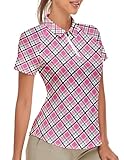 Women's Pink Plaid Golf Shirt Summer Short Sleeve Tennis Shirts X-Large
