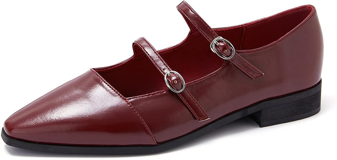 FOWT Women Square Toe Mary Janes Double Straps Comfy Flat Pumps Street Casual Daily Office Shoes Size 4-16 US