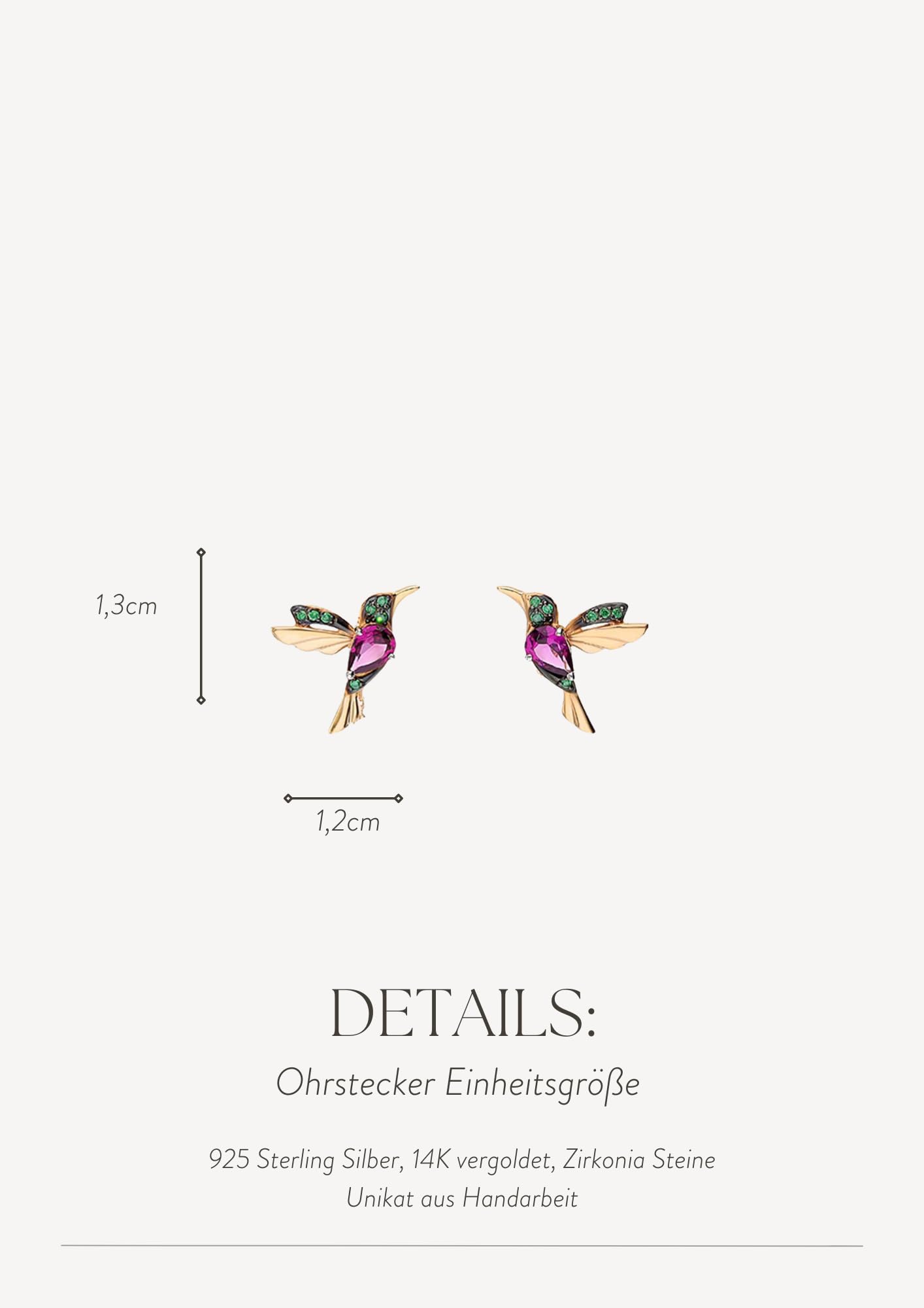 Einzelstück® Kolibri Ohrstecker I 925 Sterling Silber Ohrringe im Vogel Design I 14K Gold & Rosegold I Handmade mit grünen und pinken Zirkonia Steinen I Allergikerfreundlicher Echtschmuck
