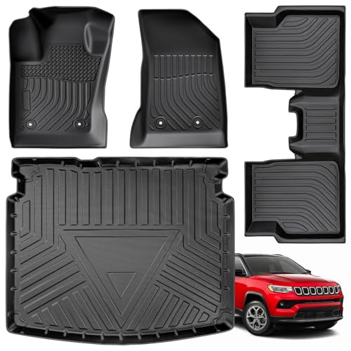 Weather Liner for Jeep Compass Floor Mats 2026 2025 2024 2023 2022 2021 2020 2019 2018 2017 All Weather TPE Car Floor Mats Custom Fit for Front Rear Trunk Liner Set 4 PCS Accessories for Compass
