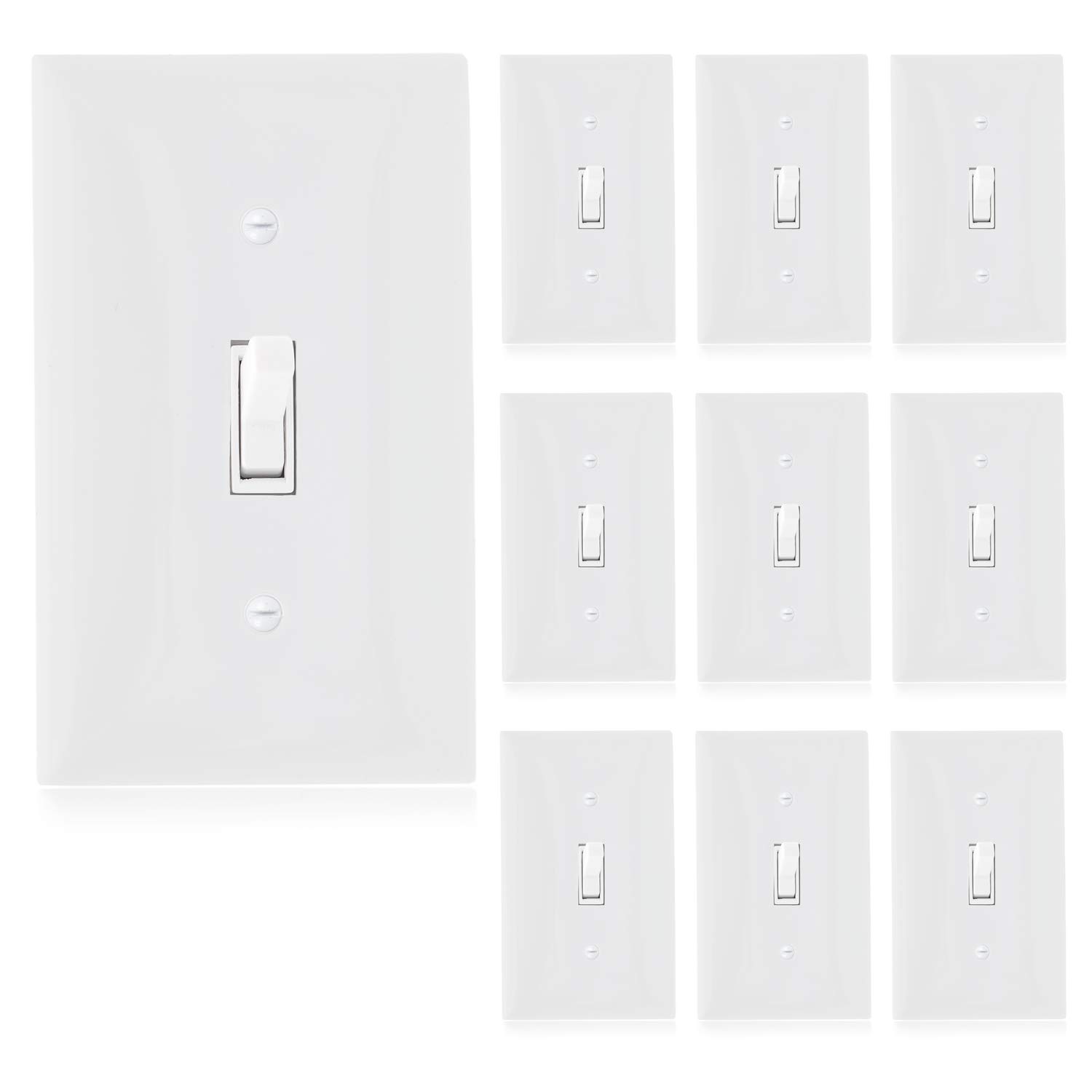 Maxxima 3 Way Toggle Wall Switch On/Off White 15A, Light Switch Wall Plates Included (Pack of 10)