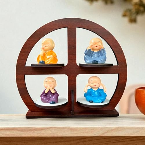 Image of P Arts Buddha Monk Set of 4 Statue Figurines Home Decor Items, Miniature Buddha Monk Statues with Round Wooden Stand, Cute Mini Idol for Car Dashboard, Living Room, Meditation Spaces Room Decor