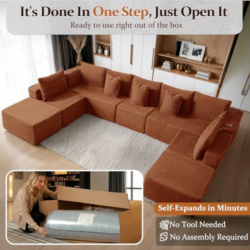 Image of 168 inch Cloud Sectional Couch, Comfort U Shaped Sofa for Living Room, Extra Deep Seats No Assembly, Minimalist Modular Couch, Corduroy (Deep Orange, 9 Seats,U-Shape A)