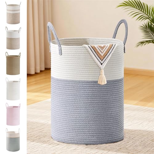 Image of 58L Tall Cotton Rope Laundry Basket with Handles, Grey