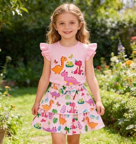 Image of Girls Skirt Set 2 Piece Outfit Toddler Summer Clothes Ruffle Sleeve T-Shirt Bow Knot Tutu Skirt Outfit Set