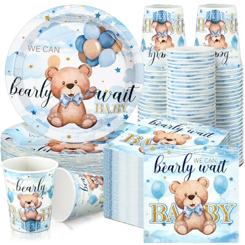 Hushee 200 Pcs Blue Bear Baby Shower Paper Plates Napkins Cups Baby Shower Party Supplies Tableware Set Bear Theme Disposable Cup Napkin for 50 Guest Boy Sets Spring Party Decoration Boy Girl