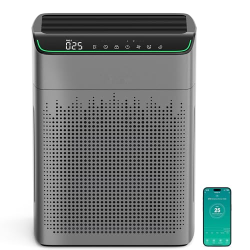 Air Purifiers for Bedroom Large Room Home, Up to 1690² with PM 2.5 Air Quality Monitor, Wi-Fi and Alexa Compatible, HEPA Filter Double-sided Air Inlet for Smoke Odor Dust, 23dB Quiet Grey