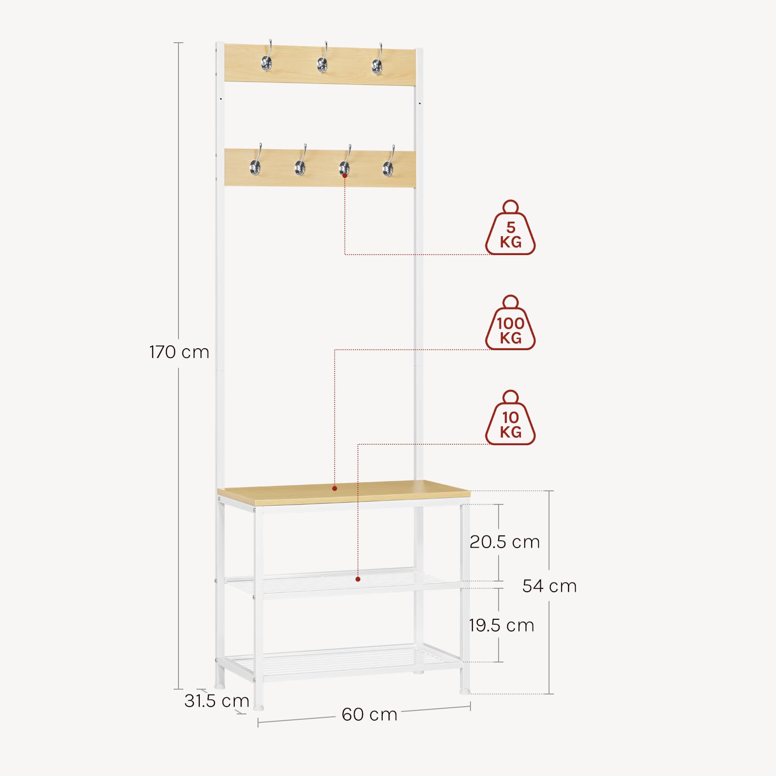 WOLTU Appendiabiti Panca Porta Scarpe 3 in 1, Scaffale per Scarpe a 2 Livelli con Sedile e 7 Ganci, per Corridoio/Ingresso, Metallo + Legno Ingegnerizzato, Bianco + Rovere Chiaro, 60x31,5x170cm