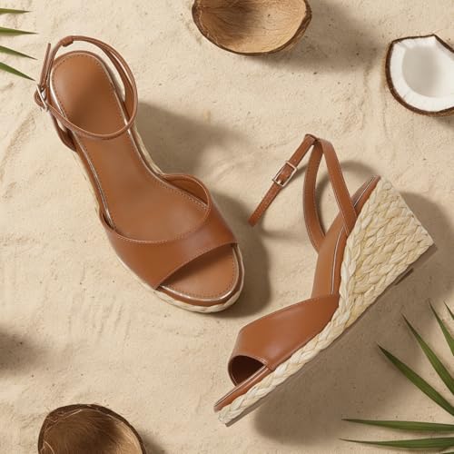 Image of Marc Ford Wedge Sandals For Women Raffia Espadrille Platform Wedges Summer Comfort Sandals Ankle Strap Stylish Open Toe Beach Vcation Raffia Wedges Heels 3 inch
