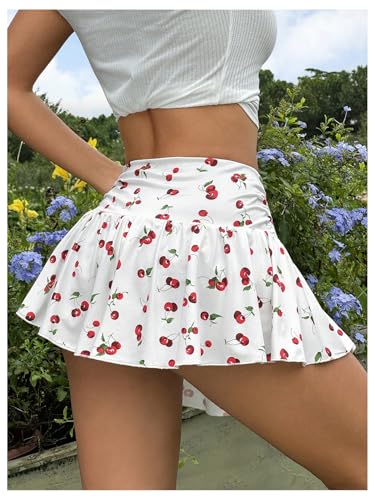 Verdusa Women's Cute Cherry Print Mini Skirt Ruched A Line Short Flowy Skirt2