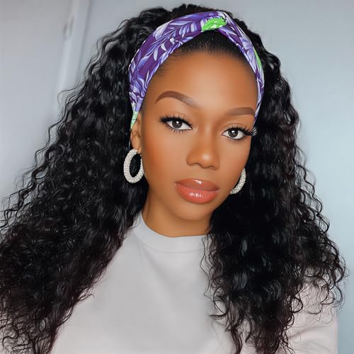 Image of Headband Wig Human Hair Deep Wave Headband Wigs for Black Women 18Inch Curly Headband Wig Human Hair Glueless Wear and Go None Lace Front Wig Brazilian Virgin Hair Natural Color