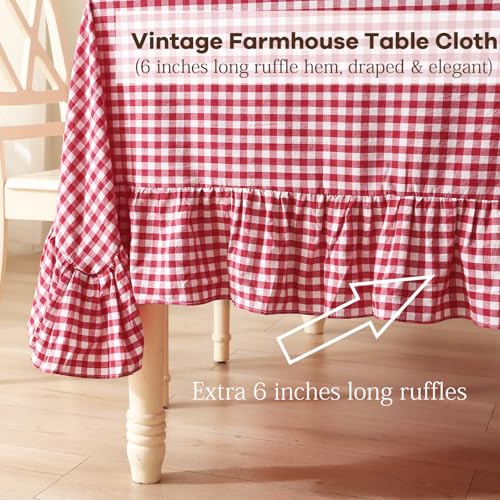 K MASANIJI Red Plaid Ruffled Table Cloth for Rectangle Table Seat 4-6, 100% Washed Cotton Classic Farmhouse Checker Gingham Vintage Decorative Tablecloth - 70"x52" by K MASANIJI - Used condition - Image 4