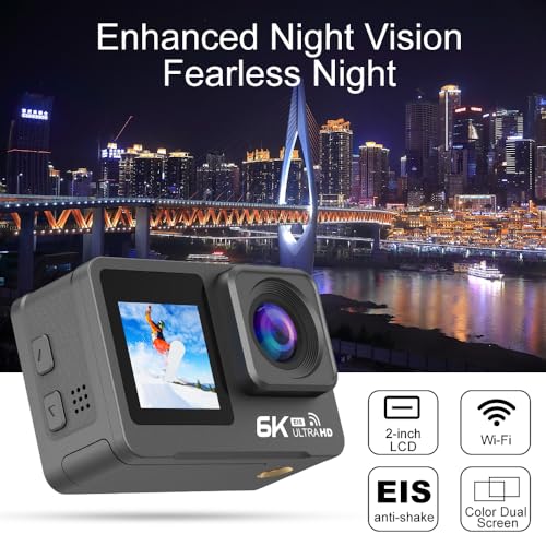 Image of HINISO 6K Action Camera | Ultra HD Sports Cam with Touch & Dual Screen, Wireless Mic & Remote, 3 Batteries, Waterproof 40M, EIS Stabilization, WiFi, 170 Wide Lens & Mounting Kit