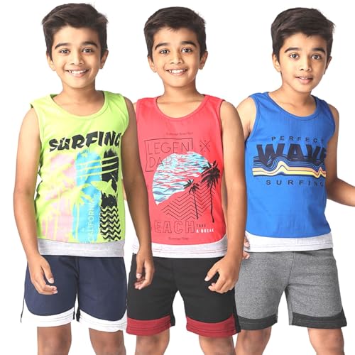 Image of TotzTouch Kids Dress For Boys T shirt | Shorts Set Summer Dress Cotton Sleeveless Tee Shirt Half Pants Clothing Set (Colors Blue, Red, Green Tops & Navy, Black, Grey Shorts) Age 1 years to 15 years