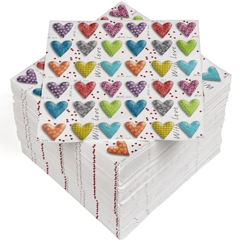 HEKU Lot de 100 serviettes en papier triple épaisseur, 33 x 33 cm, avec cœurs, absorbantes et pratiques - Idéales pour les occasions spéciales