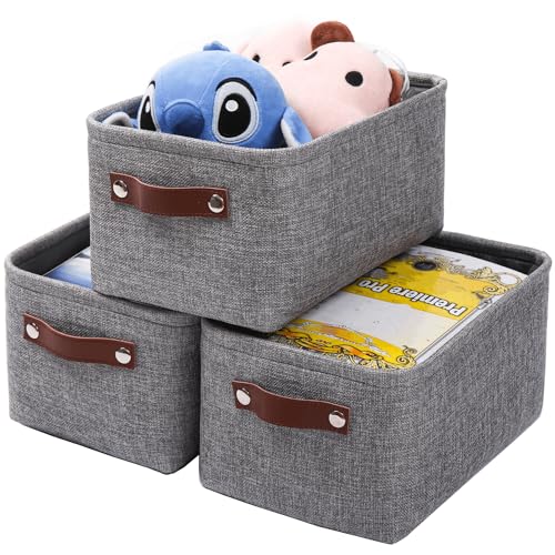 Mangata Set of 3 Fabric Storage Boxes, Medium Collapsible Storage Basket for Books, Baby Toys, Clothes (Medium, Grey)