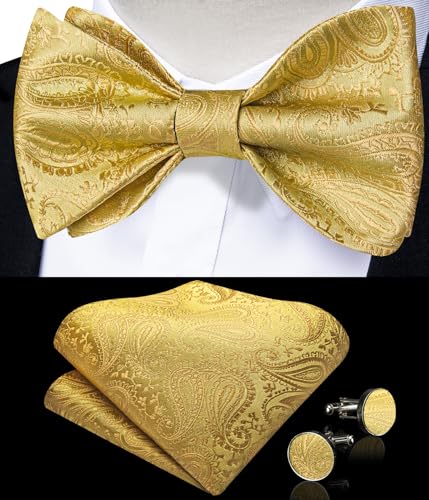 Image of DiBanGu Men Bow Tie Paisley Striped Self-Bow Tie for Men and Silk Woven Bowtie Pocket Square Cufflinks Wedding Party