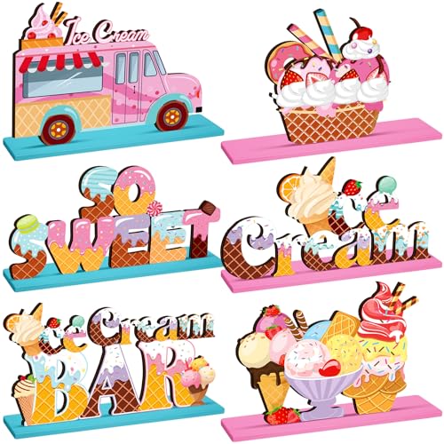 6 Pcs Ice Cream Table Wooden Decorations Ice Cream Sign Centerpiece Summer Home Decor Bar Party Decorations for Kids Birthday Party Summer Wedding Supplies