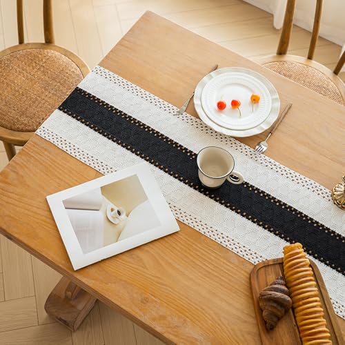 Image of FEXIA Boho Table Runner for Summer Home Decor with Tassels 90 Inches Long Farmhouse Rustic Black Gothic Table Runner Macrame Gothic Burlap Table Decoration for Kitchen Living Room (12x90 Inches)