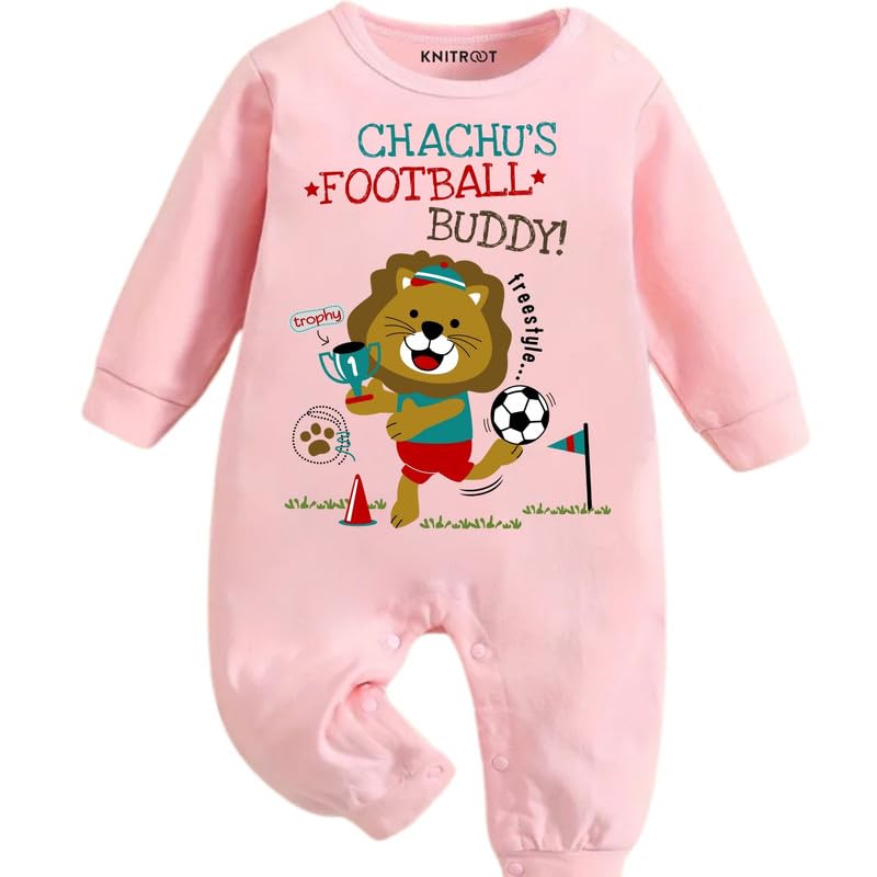 Chachu Theme, Chachu's Football Buddy, 100% Pure Cotton Pink Jumpsuit, Unisex Baby Kids Romper, Sleepsuit, Bodysuit, Full Sleeves, Shoulder-Snap-Buttons, Infant Cloths, 0-18 Months