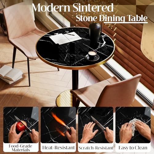 Image of 63 inch Tulip Table, Small Round Dining Table with 1.2 inch Thick Sintered Stone Tabletop and Golden Metal Pedestal Base, Bistro Table for Diner, Bar, Restaurant, kitchen, Bakery, Apartment (Midnight Black)