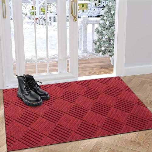 Heavy Duty Welcome Mat Outdoor, Large Front Door Mat, Indoor Entrance Doormat, Anti-Slip Rubber for Patio Porch, Washable Entryway, 2FTX3FT, Red