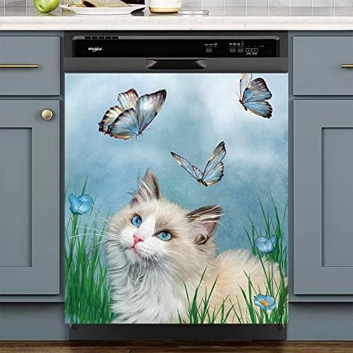 Floral Kitchen Decor Dishwasher Magnet Cover, 23″Wx26″H – Cute Cat and Butterfly Refrigerator Magnetic Cover Farmhouse Flower Dish Washer Panel Decal for Home Cabinet Appliances Stickers