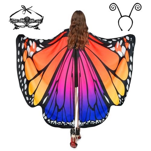Sunlisky Halloween Costumes for Women Adult Butterfly Costumes Wing Cape Shawl 3Pcs with Lace Mask and Black Velvet Antenna Headband
