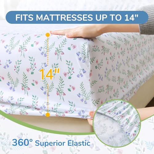 Image of MUXHOMO Full Size 4 Piece Sheet Set, Soft & Breathable Sheet Set for Bedroom with Deep Pocket Up to 16 inch, Wrinkle-Free & Cooling Bed Sheet with Flat Sheet, Fitted Sheet & Pillowcases - Muguet Sprig