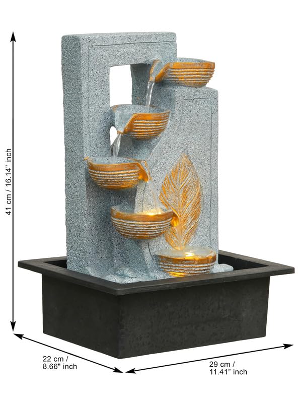 Image of Polyresin Table Top Grey 4 Diya Steps & Green Leaf Design Indoor Waterfall Fountain for Home Decor with LED Lights & Speed Controller Pump (Size: 40 x 29.5 x 22CM | Weight: 2250grm)