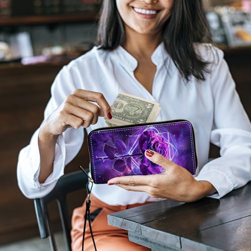 Image of Women's Wallets,Credit Card Holder Money Leather Long Wallet with Wristlet,Large Capacity with Zip-Around Phone Purse for Women Ladies Girls,Luminous Purple Rose