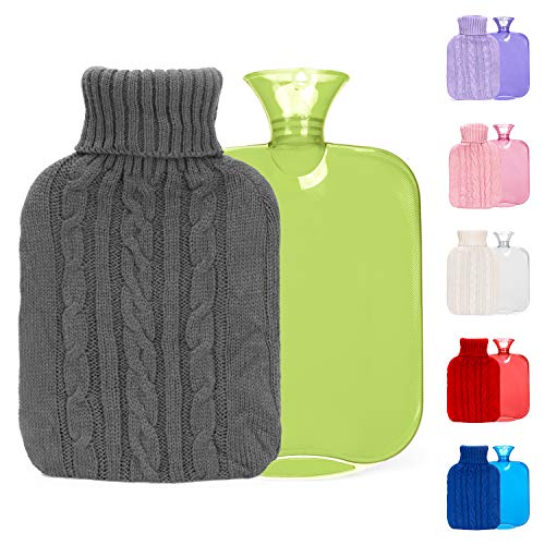Hot Water Bottle with Knit Cover, Great for Pain Relief, Hot and Cold Therapy,2 Liter Water Injection Warm Bottle,Rubber Transparent Hot Water Bag,Suitable for Cold Day Camping (Green)