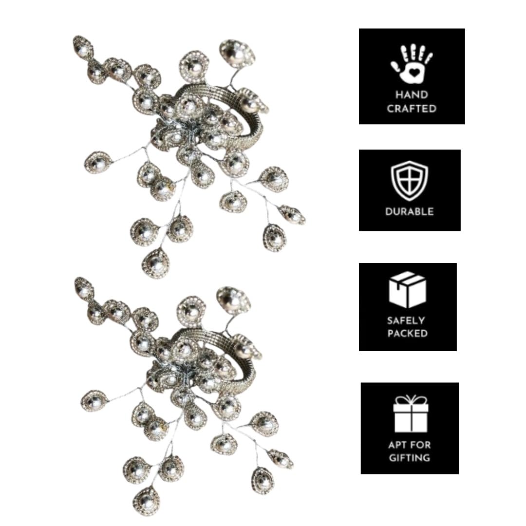 YD Designs Seed Bead Handmade Dinning Table Napkin Ring Holder Set for Tables Decoration Dinners Parties Everyday Use (Silver) - Pack of 12 2
