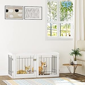 Pawland freestanding dog gate indoor with walk through door dog gate for the doorways house stairs 80 wide pet puppy safety fence with support feet 4 panels white   cucciolini doodles