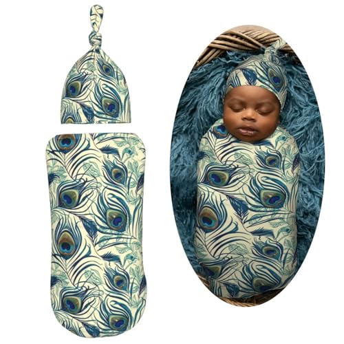 Image of Peacock Feather Newborn Swaddle Blankets Hat Sets Soft Baby Receiving Blanket Swaddle Sack for Baby Shower Infant Boy Girl Gift