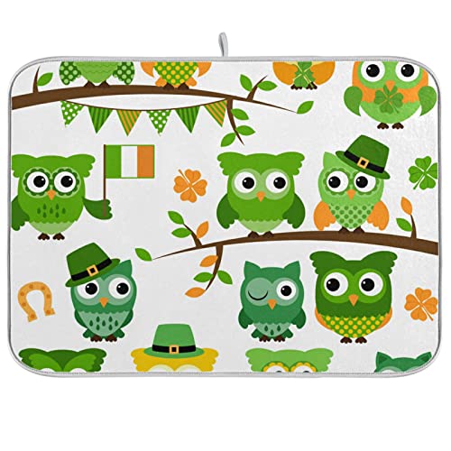 Alfombrilla Escurreplatos 41X46CM, Búhos Verdes del Día De San Patricio En Las Ramas De Los Árboles sobre Fondo Alfombrilla De Secado De Platos Alfombra Escurreplatos Lavable Drying Mat